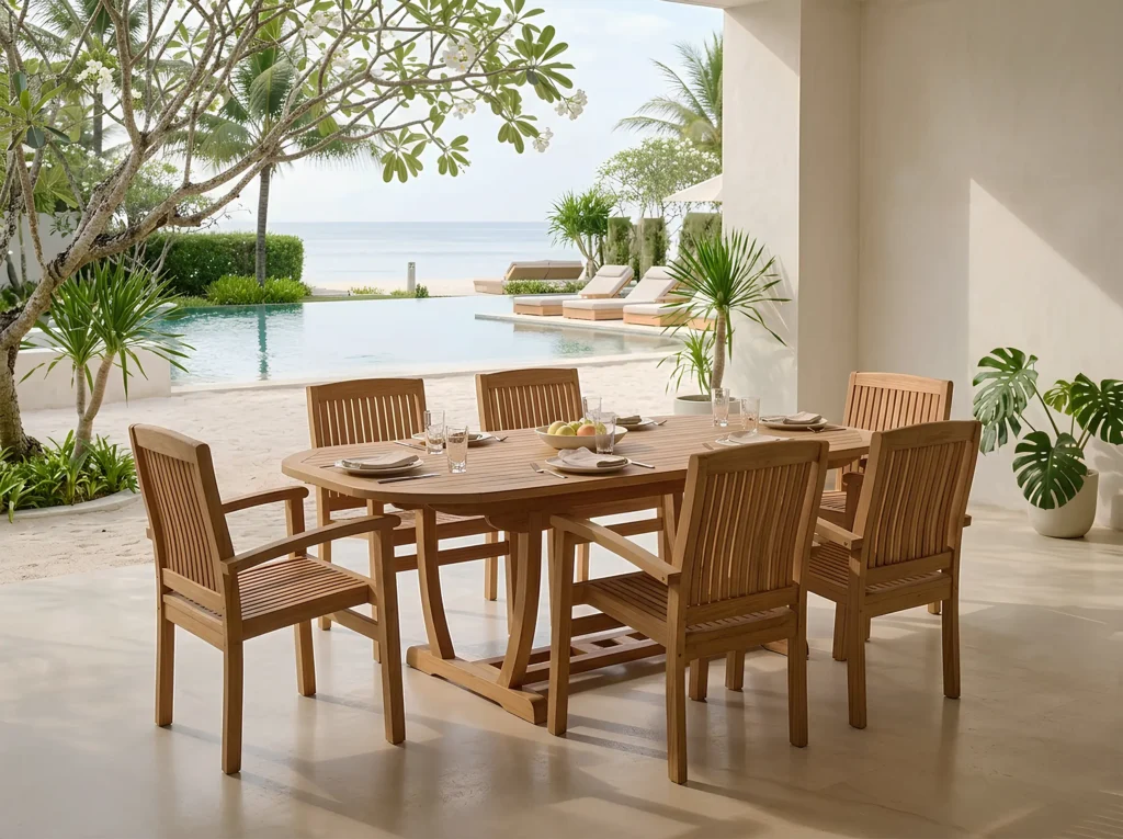 Outdoor teak dining table set for villa resort and hospitality furniture projects