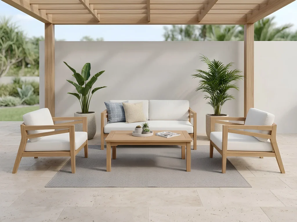 Outdoor teak lounge set with sofa chairs and coffee table by Jepara furniture manufacturer