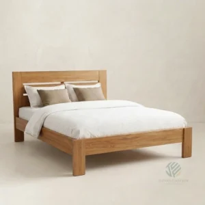 Solara solid teak bed with warm wooden headboard design for residential and resort bedrooms
