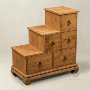 Stairway solid teak chest of drawers with vertical drawer layout and handcrafted wooden structure