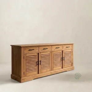 Linea solid teak sideboard with louvered 4 doors handcrafted by Jepara furniture manufacturer Indonesia