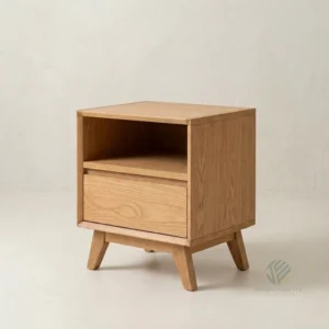 Theo solid teak nightstand designed with a clean profile and practical bedroom storage