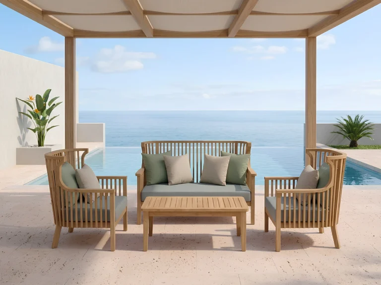Tropical resort outdoor teak lounge furniture with solid teak sofa set and ocean view