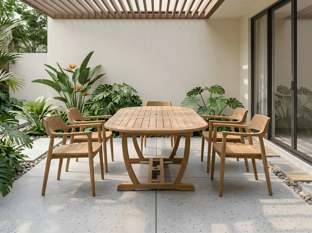 Tropical solid teak outdoor dining set with round table and chairs from Indonesia